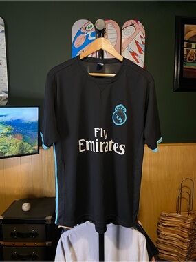 Fly Emirates Black & Light Blue Men's Soccer Jersey Mens size large